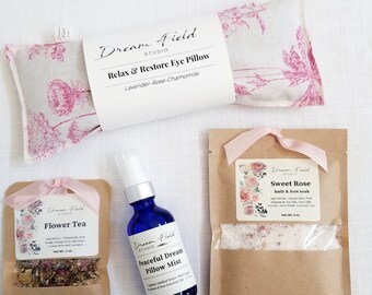 Lavender Self Care Set - Eye Pillow, Sleep Spray, Bath Soak & Herb Tea, Relaxing and Soothing Comfort, Aromatherapy Gift -"Toile Botanical"