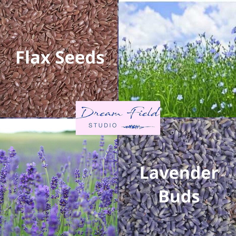 Op de afbeelding: Een collage met lijnzaad, lavendelknoppen en velden met lavendel en vlasbloemen. De afbeelding bevat de tekst "Flax Seeds" en "Lavender Buds", samen met het Dream Field Studio-logo.