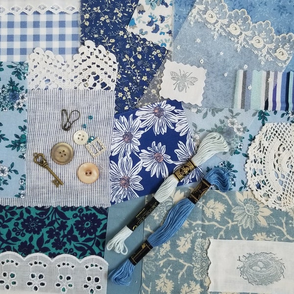 Slow Stitch Kit - Mindful Sewing, Vintage Junk Journal, Stitch Kit for Mom, Fabric Bundle, Antique Lace, Buttons, & Trims - Cottage Blues