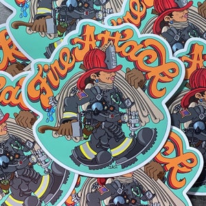 May include: A sticker featuring a cartoon firefighter with a hose, axe, and other firefighting equipment. The firefighter is wearing a red helmet and a blue uniform with an American flag patch. The text "Fire Attack" is written in orange and yellow letters.