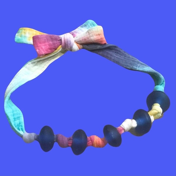 Collier perles XL en verre artisanal, ruban en tissu multicolore a nouer