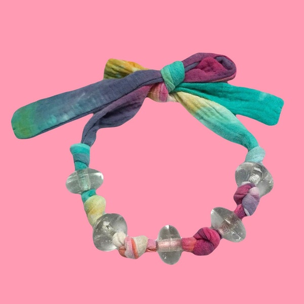 Collier tie and dye en double gaze et perles XL en verre artisanal, tour du cou , ruban  noeud réglable