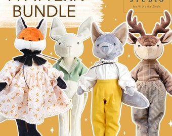 4 Schnittmuster-Bundle. Reh, Hase, Fuchs, Wolf, mit Kleidung.