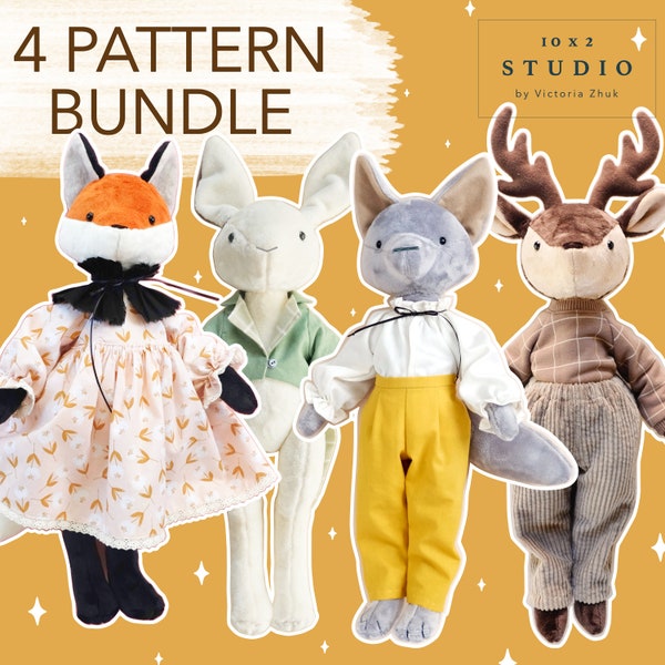 4 Sewing Pattern Bundle. Deer, hare, fox, wolf, with clothes.