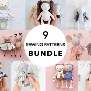 Paquete de 9 patrones de costura en PDF de 7,5" (19 cm) de alto: gato, zorro, oso panda, niña, ciervo, búho, elefante, conejito, ratón.