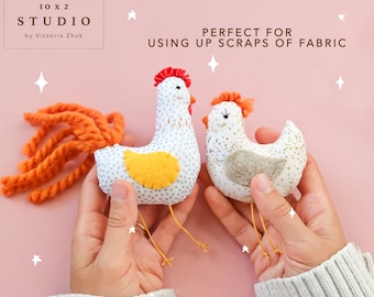 Patron de couture coq et poulet de 9 cm de haut