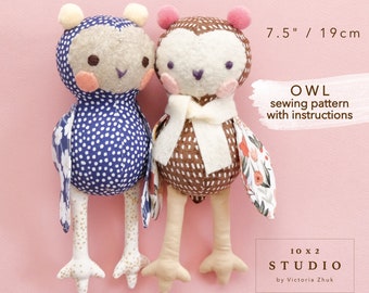 Cute Owl Sewing Pattern and Photo Instructions 7.5" / 19cm tall