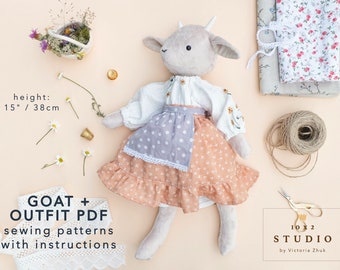 Goat doll sewing pattern with dress, skirt, and apron patterns PDF