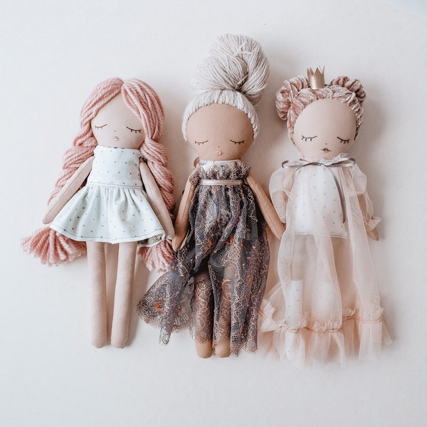 Princess Doll Sewing Pattern PDF - Beginner Friendly Fabric Doll Pattern, Soft Toy DIY, 3 hairstyles, 3 dresses