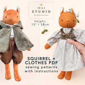 Squirrel doll sewing pattern with dress, corset, shirt, pants, and hooded cape patterns PDF