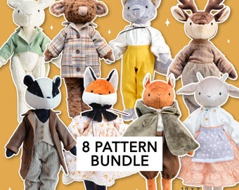 8 Pattern Bundle: Anthro Animal Family PDF, Hare, Deer, Fox, Cow, Wolf, Squirrel, Goat, Badger