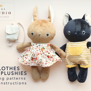 May include: Two plush toys, a brown bunny wearing a floral dress and a black cat wearing a yellow and white striped outfit. The text "Clothes for Plushies" is written in blue on a white background. The text "Sewing patterns with instructions" is written in black on a white background.