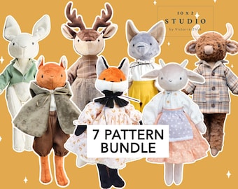 May include: A set of seven plush toy patterns for sewing. The patterns include a bunny, fox, deer, goat, cow, and two other animal designs. The patterns are available as a bundle and are titled "7 Pattern Bundle".
