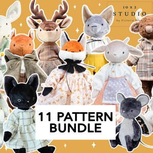 11 Pattern Bundle PDFs: Ribbon and Button joint animals. Bunny, Hare, Cat, Wolf, Goat, Sheep, Cow, Bull, Fox, Squirrel, Deer, Mouse
