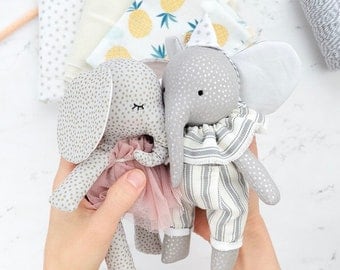 Elephant pattern and tutorial.  7&quot; tall ( 18 cm ) with hat, collar, shorts, crown and dress.