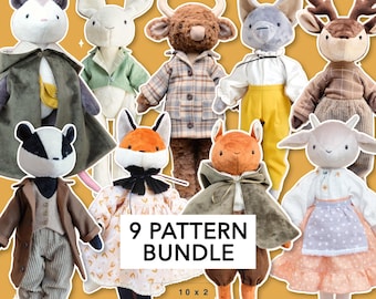 9 Pattern Bundle: Anthro Animal Family PDF, Hare, Deer, Fox, Cow, Wolf, Squirrel, Goat, Badger, Opossum