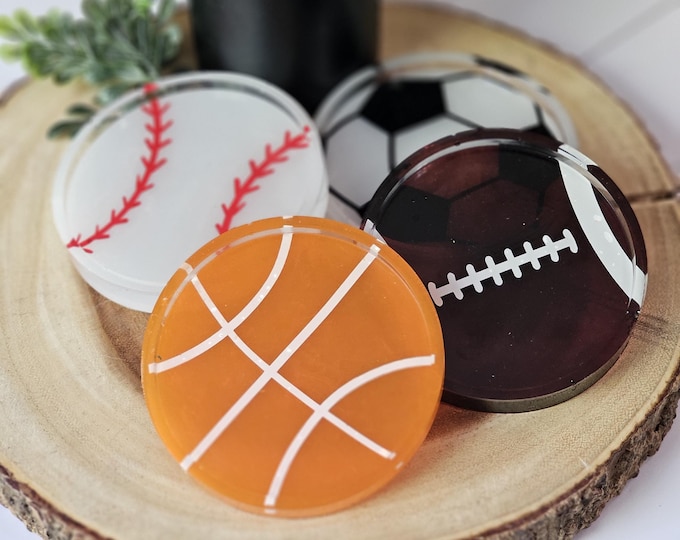 Set of 4 sport themed resin coasters baseball basketball football soccer home decor mancave man cave bar basement dad father's day gift