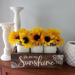 Sunflower centerpiece, sunflower decor, sunshine centerpiece, mason jar decor, mason jar and wood box, you are my sunshine centerpiece