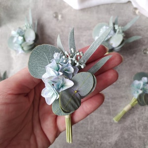 Rustic eucalyptus blue hydrangea boutonniere Greenery groom boutonniere