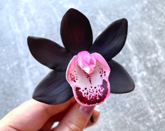 Schwarze Orchideen-Haarspange, Blumen-Haarnadel, schwarzes Haarteil, schwarze Hochzeits-Haar-Accessoires, gotische Blumen-Haarnadel