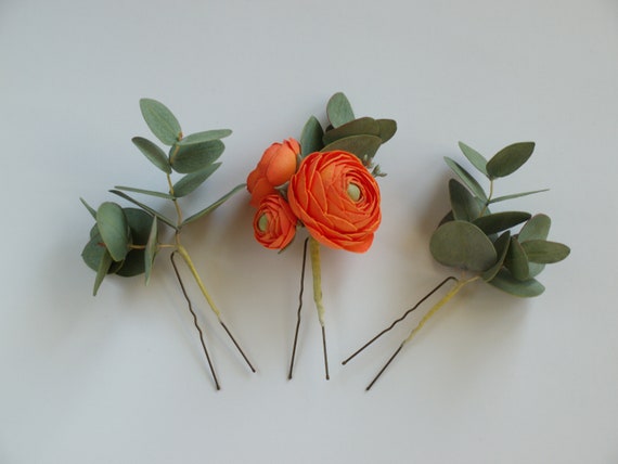 Eucalyptus Hair Pins Burnt Orange Flowers Eucalyptus Hair Etsy