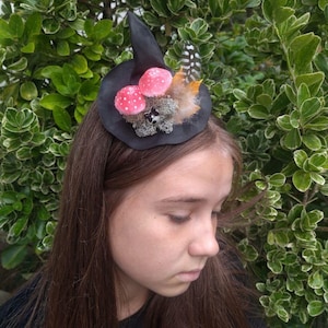 Mini witch hat with mushrooms, Halloween hard headband, Women&#39;s Halloween headpiece, Baby witch hat headband, Witch costume accessories
