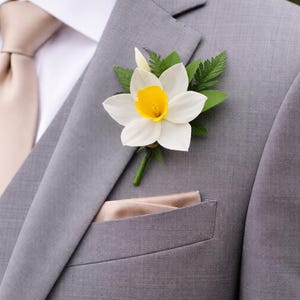 Daffodil boutonniere with laurel and fern Rustic spring groomsmen buttonhole Wedding Accessory