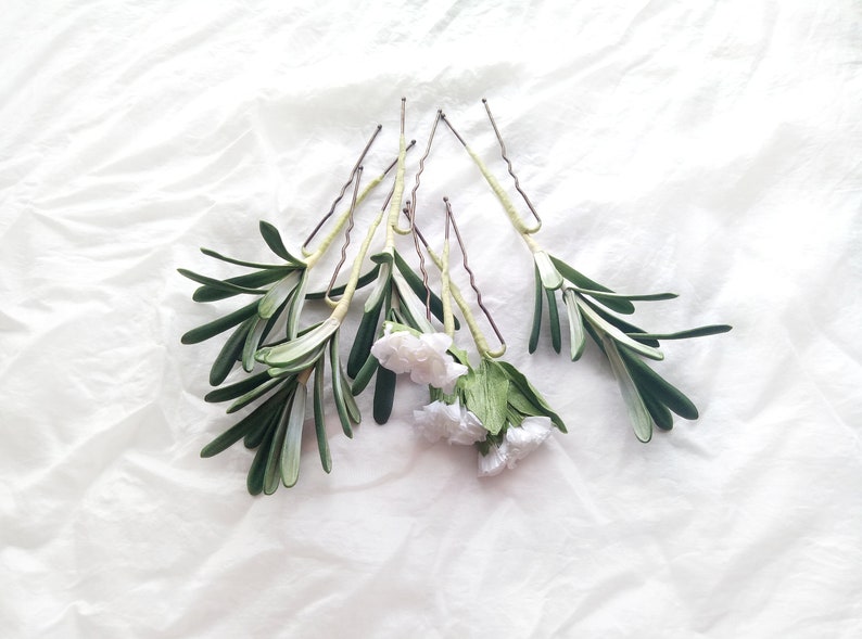 Greenery White bridal flower hair pins set of 6 Greenery hair piece Wedding headpiece Baby/'s breath hair Wedding hair accessory
