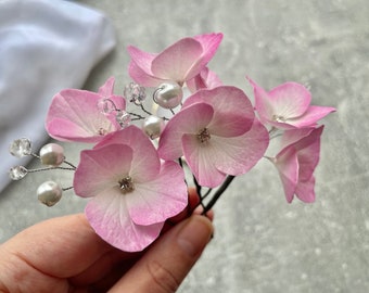 Pink hydrangea pearl pins for wedding hair, Floral hair pins, Bridal pearl hair pins, Wedding hair flower accessories