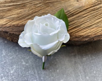 Wedding white rose boutonniere for groom, best man, real touch prom boutonniere