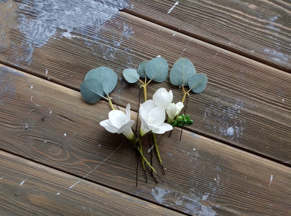 Eucalyptus White Flowers Hair Pins Bridal Side Hair Piece Etsy