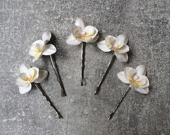 White orchid wedding bobby pins Tropical hair flower Beach wedding hair accessories