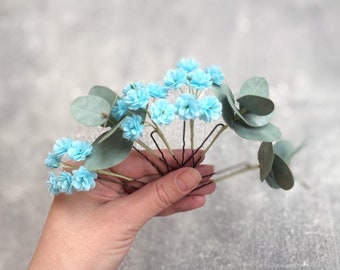 Blue babys breath flower Eucalyptus hair pins Bridal hair piece