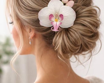 Witte orchidee haarspeld voor bruid, tropische bruids zendspoel, bruiloft bloem haaraccessoire, strand bruiloft haarstukje, orchidee haarclip