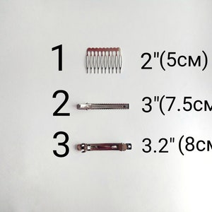 May include: Three hair clips in different sizes. The first clip is a 2 inch (5 cm) comb. The second clip is a 3 inch (7.5 cm) clip. The third clip is a 3.2 inch (8 cm) clip.