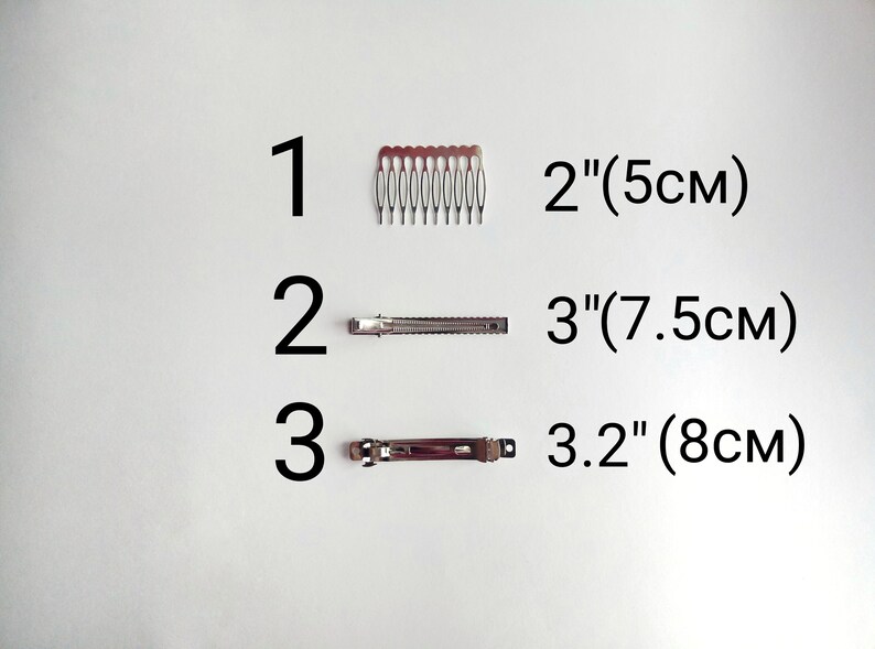 May include: Three hair clips in different sizes. The first clip is a 2 inch (5 cm) comb. The second clip is a 3 inch (7.5 cm) clip. The third clip is a 3.2 inch (8 cm) clip.