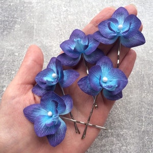 Orchid hair piece Blue purple orchid hair flower bobby pins Tropical wedding hair accessories