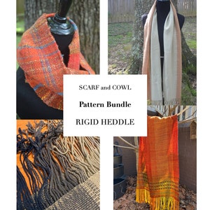 May include: A pattern bundle for a scarf and cowl, woven on a rigid heddle loom. The scarf is orange, yellow, and black with fringe. The cowl is beige and brown with fringe.