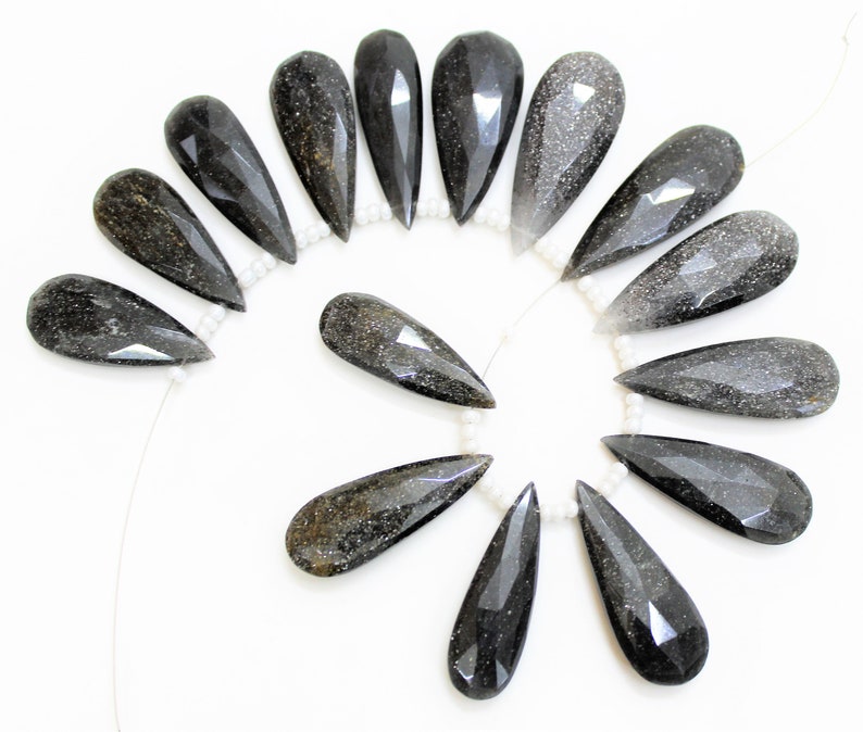 15 Pieces natural BLACK SUNSTONE Faceted Long 34 to 44 MM Teardrop shape briolettes loose gemstone bedas,natural gemstone for jewelry,