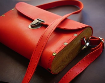 Leather and wood crossbody, Wood bag, Leather wooden purse for Women,  Wood leather handmade purse, handbag