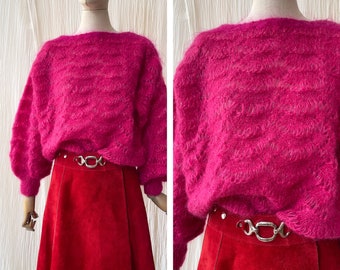 punto mohair rosa vintage de los años 1980 con mangas globo talla M/L