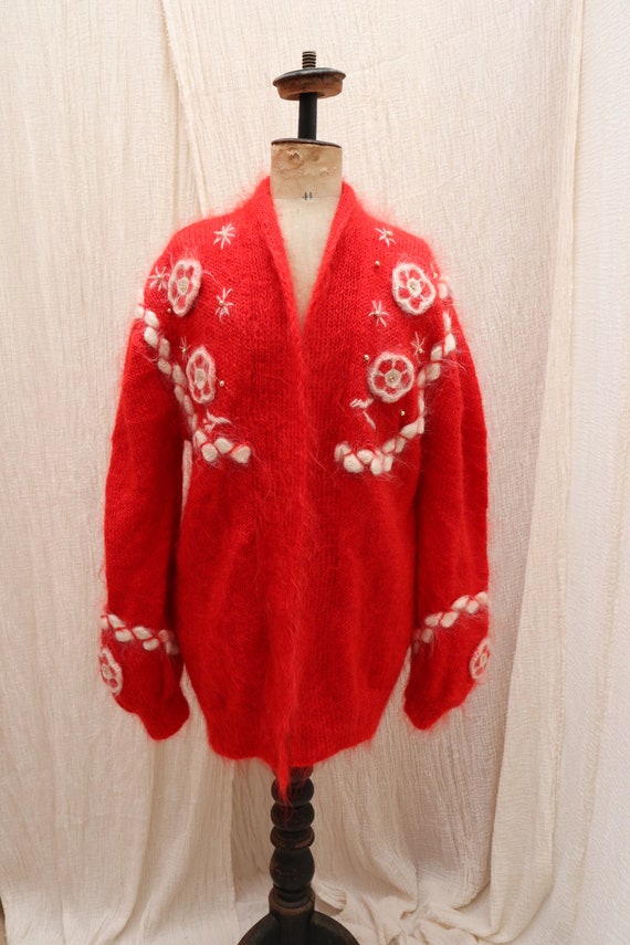 Vintage bright red mohair wool knitted cardigan wi