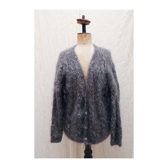 Vintage fluffy grey mohair wool knitted cardigan c