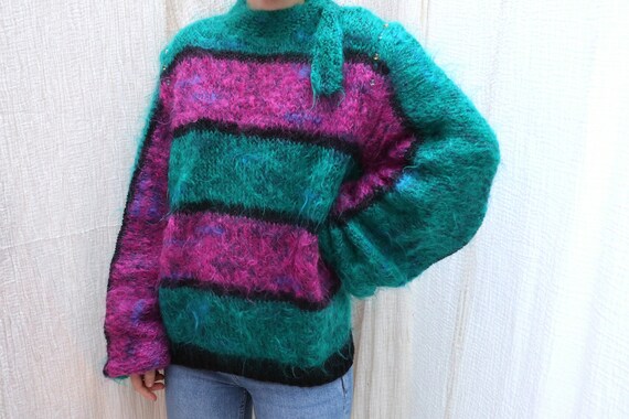 Vintage fluffy colorful striped mohair wool knitte