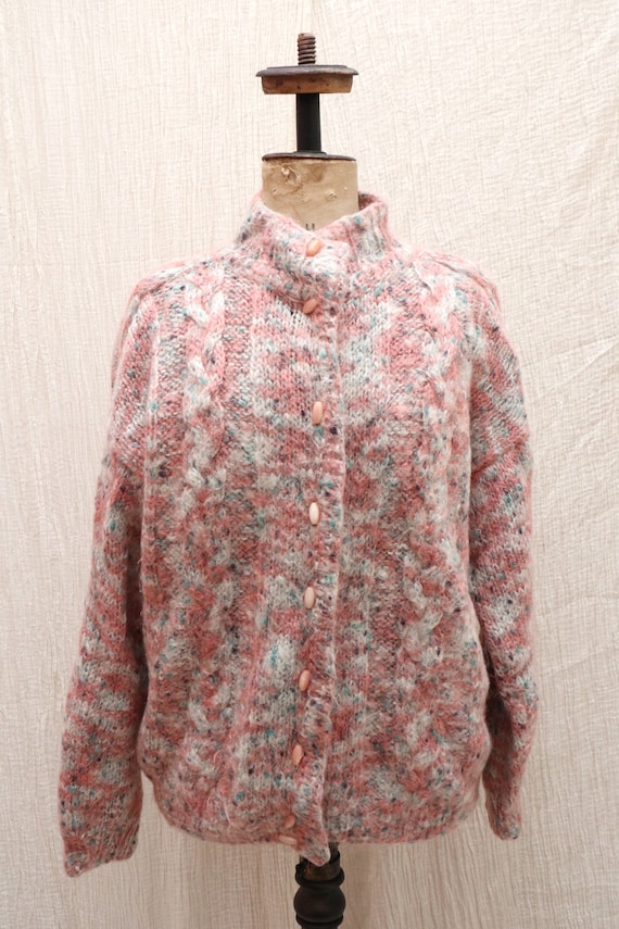 Vintage fluffy pastel pink mohair wool knitted car
