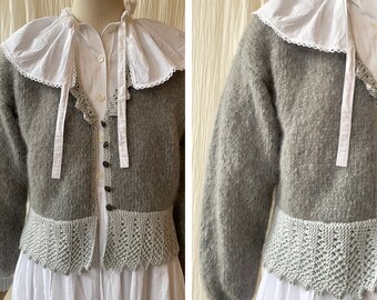 vintage 1980’s grey mohair wool cardigan with crochet details size M
