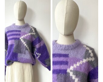 Vintage purple fluffy mohair wool knit jumper / Vintage mohair wool fall winter knitwear sweater pullover