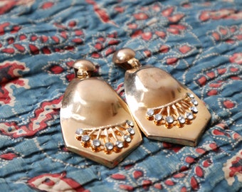 Vintage golden brass clip earrings with strass stones / Vintage jewellery jewelry