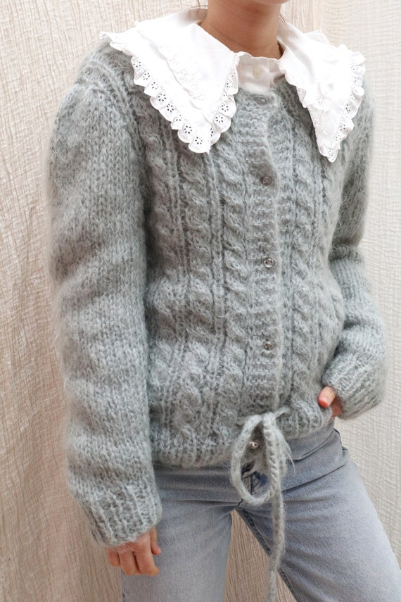Vintage fluffy grey mohair wool knitted cardigan c