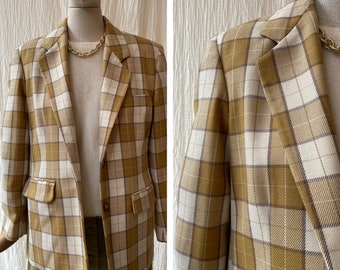 Blazer vintage de cuadros de lana amarilla de los años 1980 talla M/L